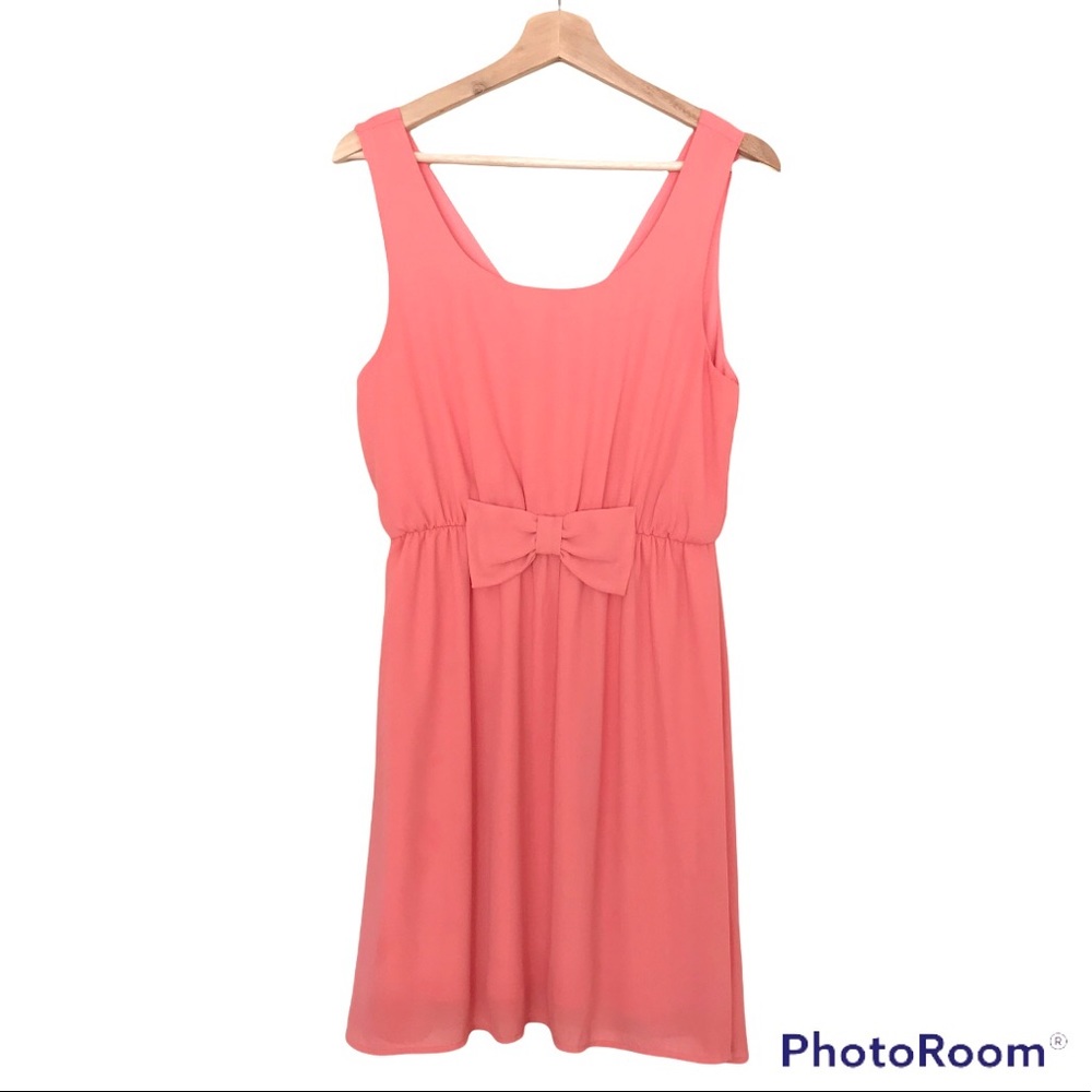 Everly Peach Chiffon Baby Doll Mini Dress Bow Front